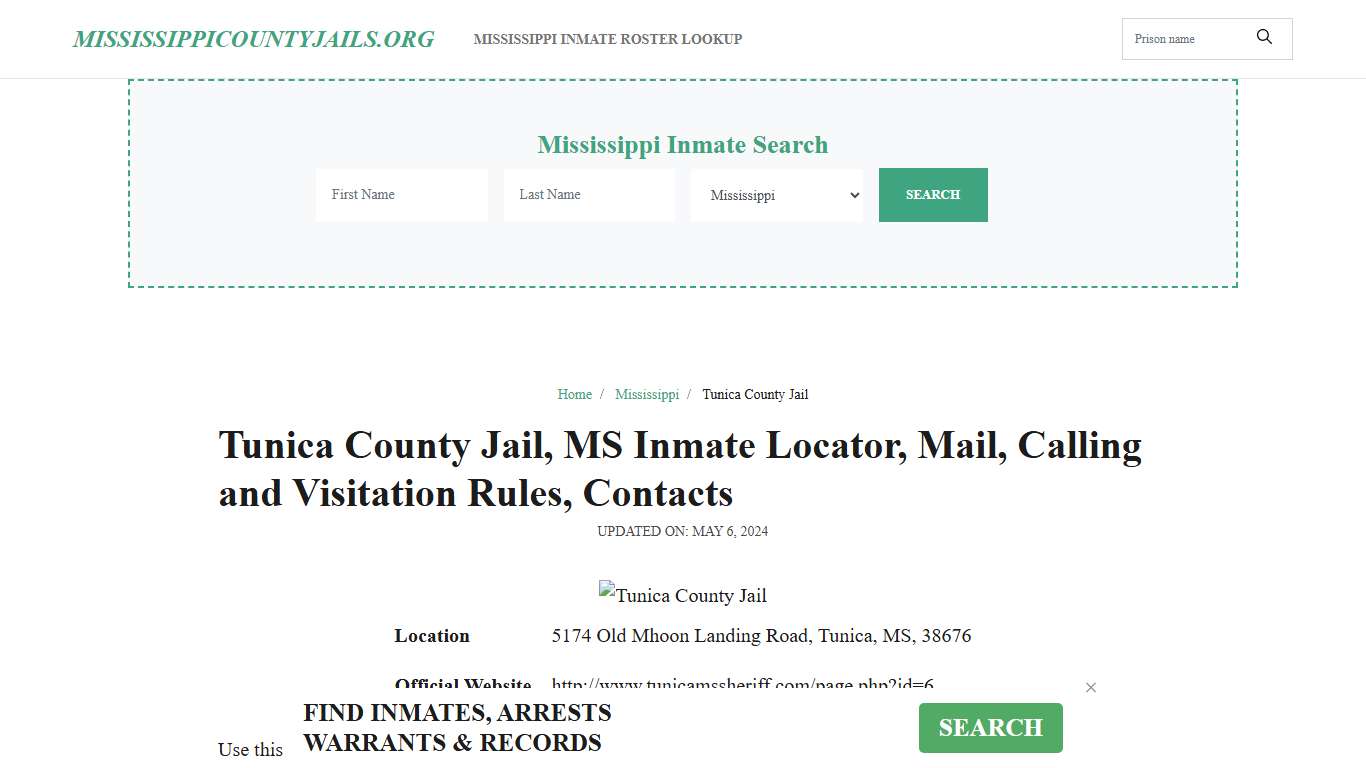 Tunica County Jail, MS: Inmate Search Options, Visitations, Contacts